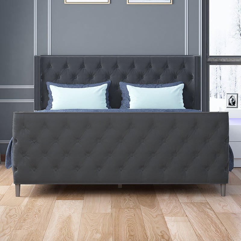 Upholstered Bed Frame | with Dutch Velvet Fabric Diamond-Shaped Button Headboard and Wood Slat - Mjkonebed