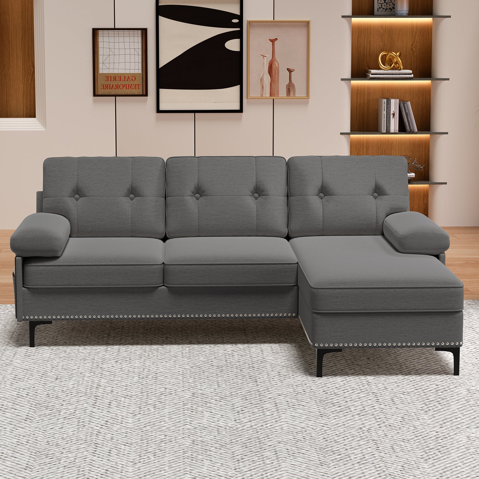 Mjkone 85 Inches L Shaped Sectional Sofa with Reversible Chaise Conve