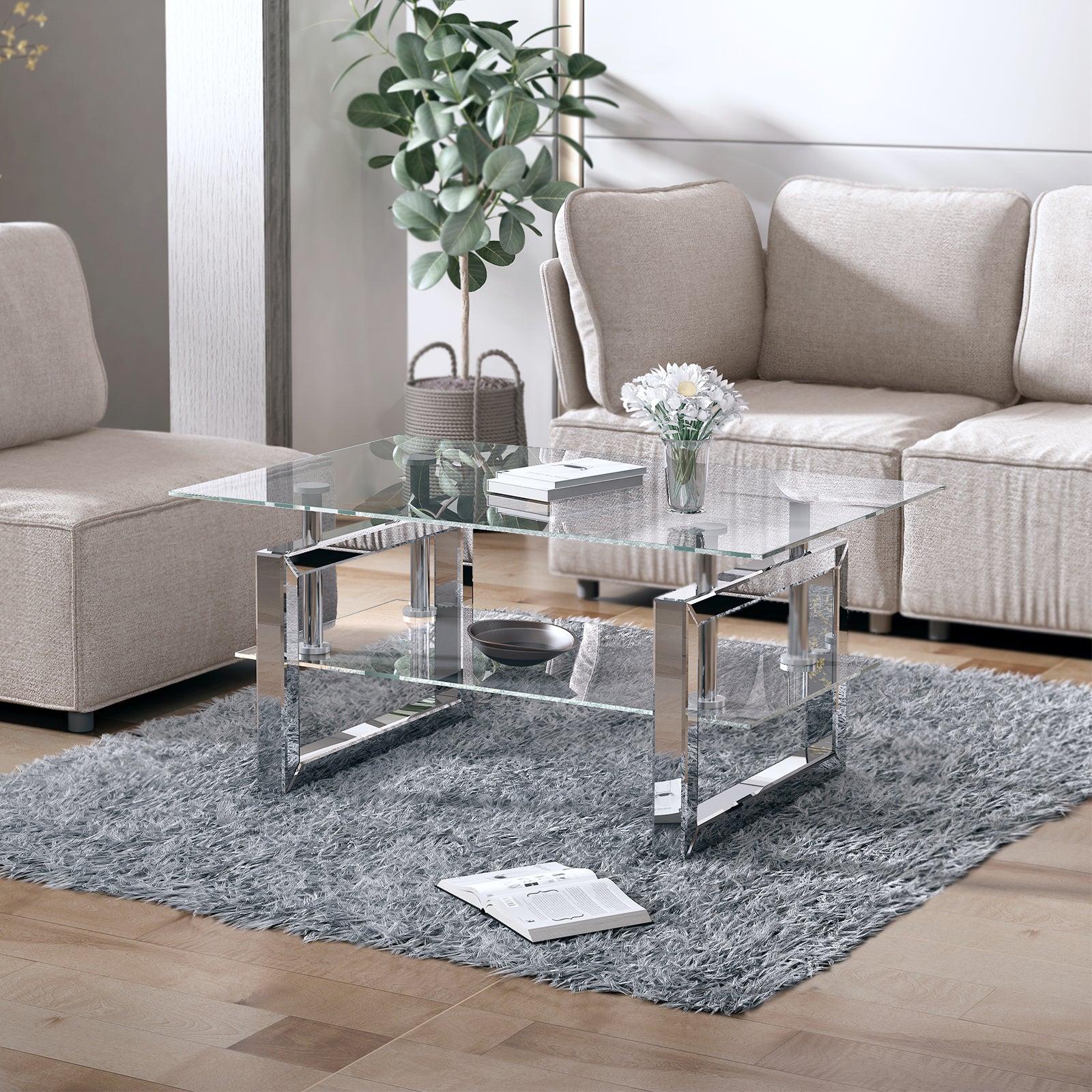 Mjkone Mirrored Coffee Table with 2 Mirror Square Legs, Glass Tables for Living Room, Glass Coffee Table, Modern Coffee Table, Center Table for Living Room/Office