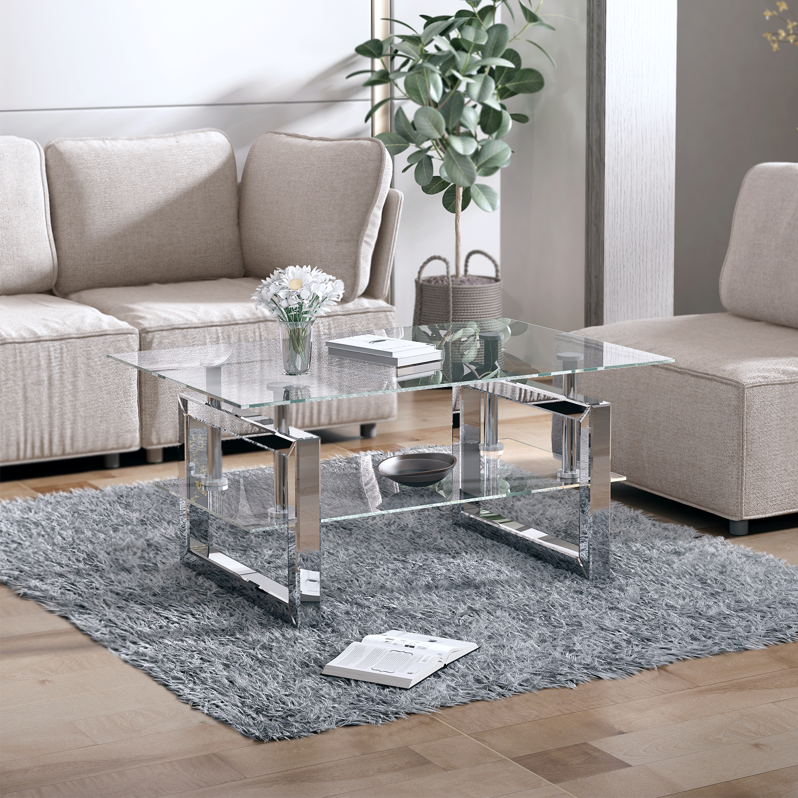 Mjkone Mirrored Coffee Table with 2 Mirror Square Legs, Glass Tables for Living Room, Glass Coffee Table, Modern Coffee Table, Center Table for Living Room/Office