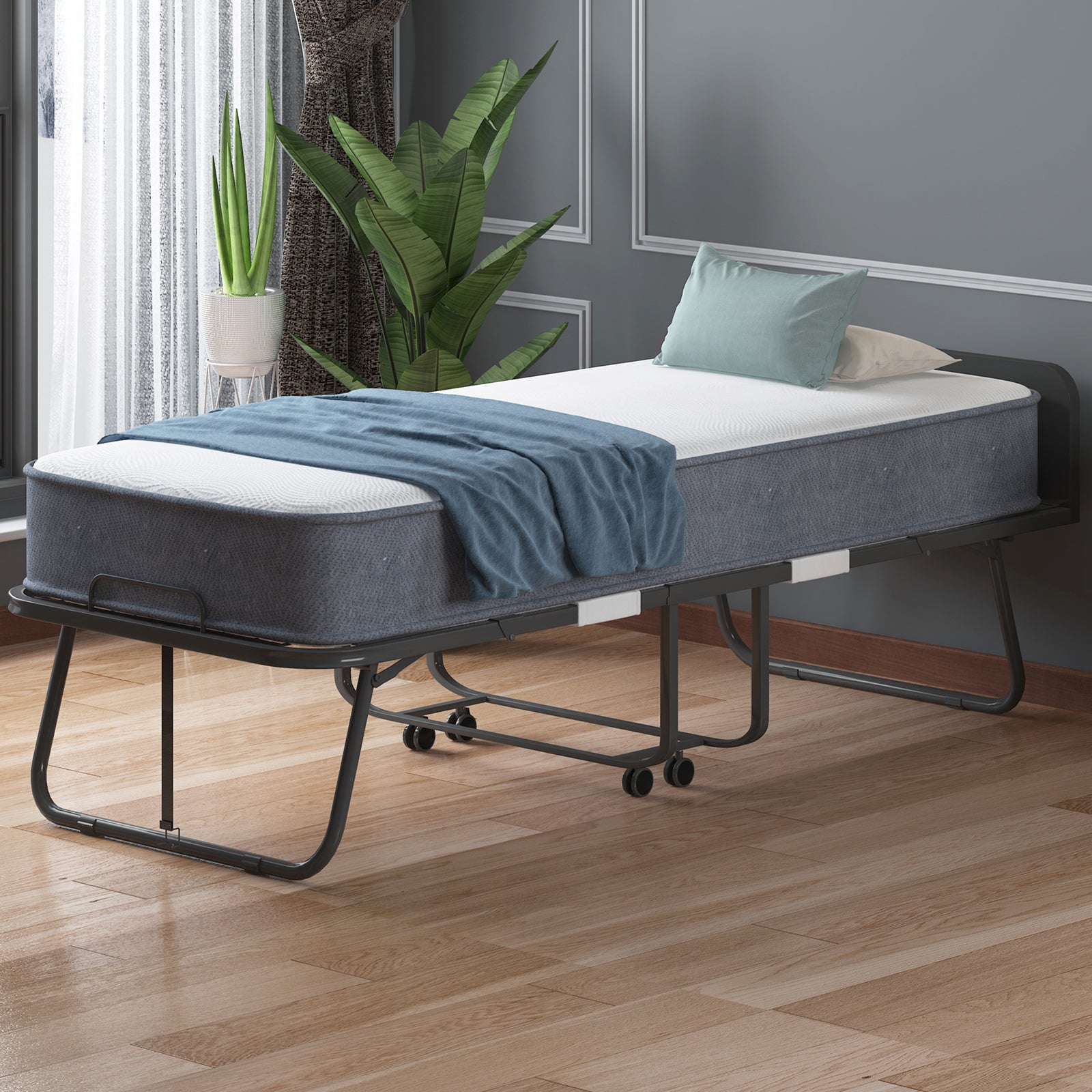 Mjkone Twin Size Folding Bed with Mattress and Headboard