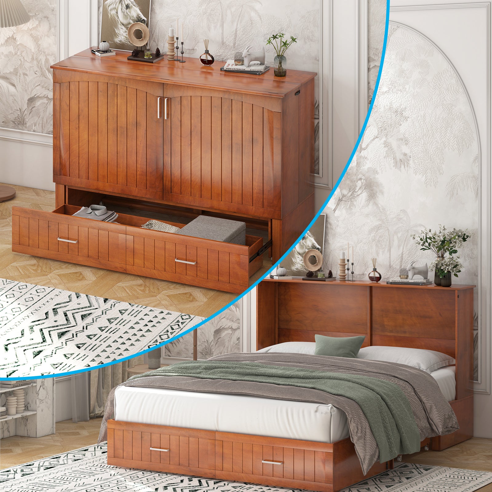 Mixoy Queen Modern Murphy Bed Cabinet with Charge Station,Mattress,Drawers
