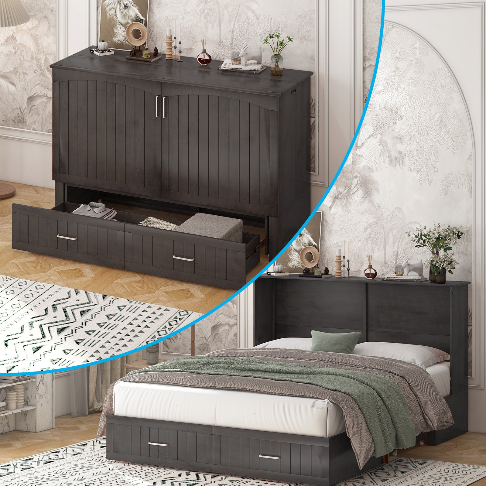 Mixoy Queen Modern Murphy Bed Cabinet with Charge Station,Mattress,Drawers