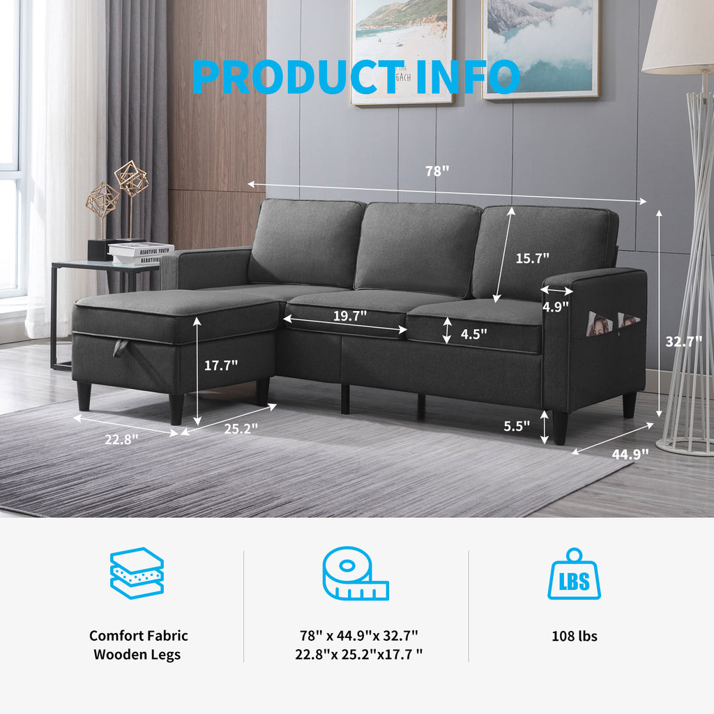 Mjkone Convertible Sectional Sofa Couch, 90" W 3-Seat L-Shaped Sofa Co