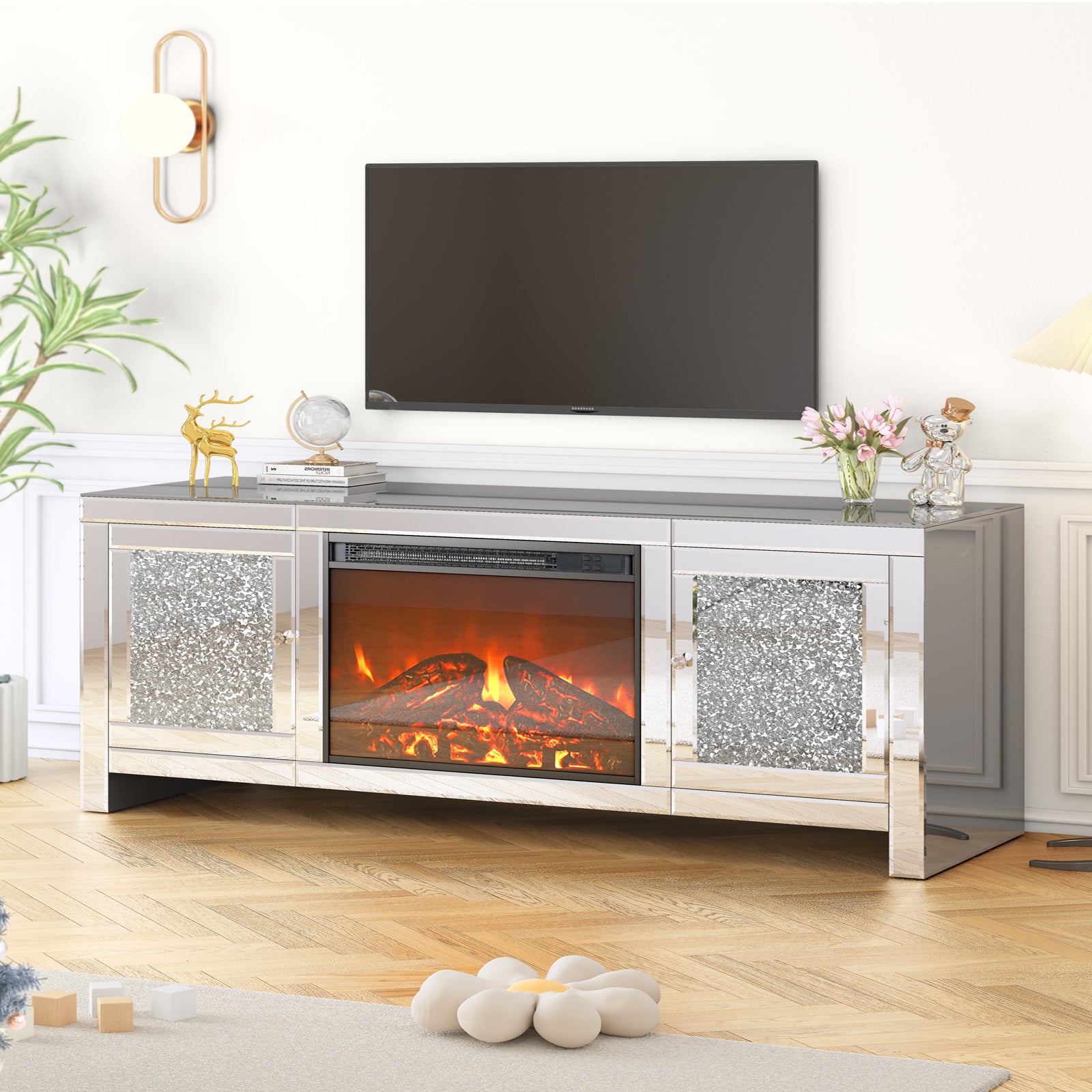 Mjkone Mirrored TV Stand, Mirrored Electric Fireplace Tv Stand, Mantel Freestanding Heater & 7 Colors 3D Realistic Flame Effect, Entertainment Center Furniture for Living Room, Silver