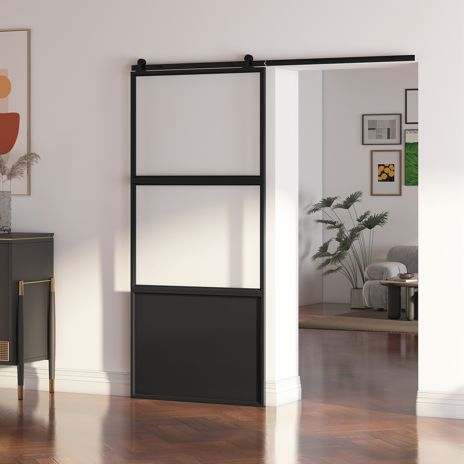 Mjkone Minimalist Style Metal Barn Door, Track Sliding Door with Hardware Components, Silent Barn Door with Frosted Tempered Glass, Easy to Install