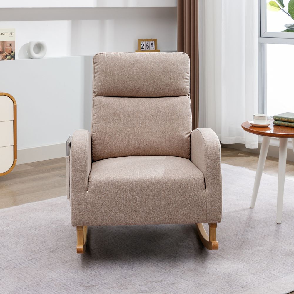 Nursery Rocking Chair with Solid Wood Legs, Glider Chair for Nursery with  Two Side Pockets, Rocker Armchair for Living Room Bedroom (Beige, Linen