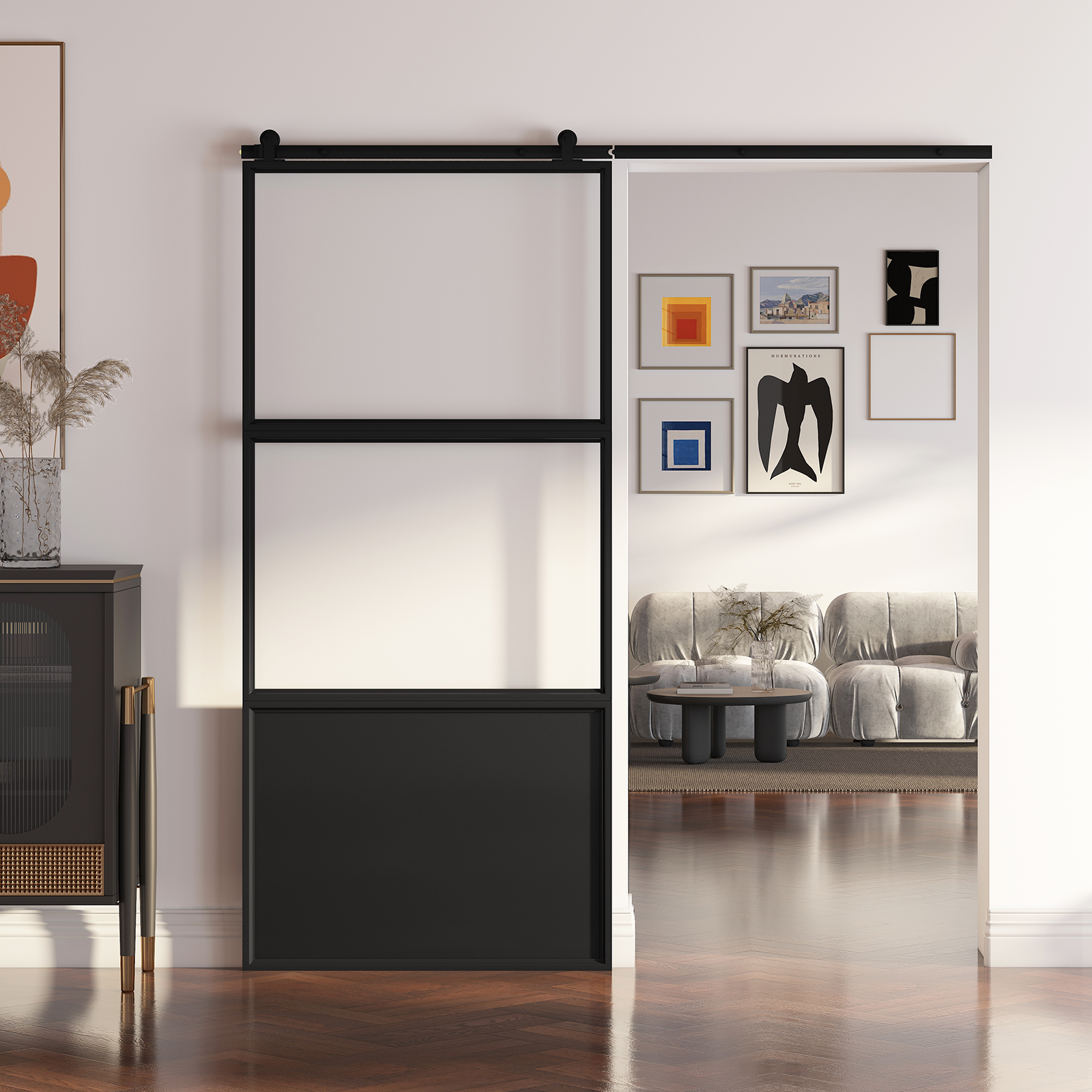 Mjkone Minimalist Style Metal Barn Door, Track Sliding Door with Hardware Components, Silent Barn Door with Frosted Tempered Glass, Easy to Install