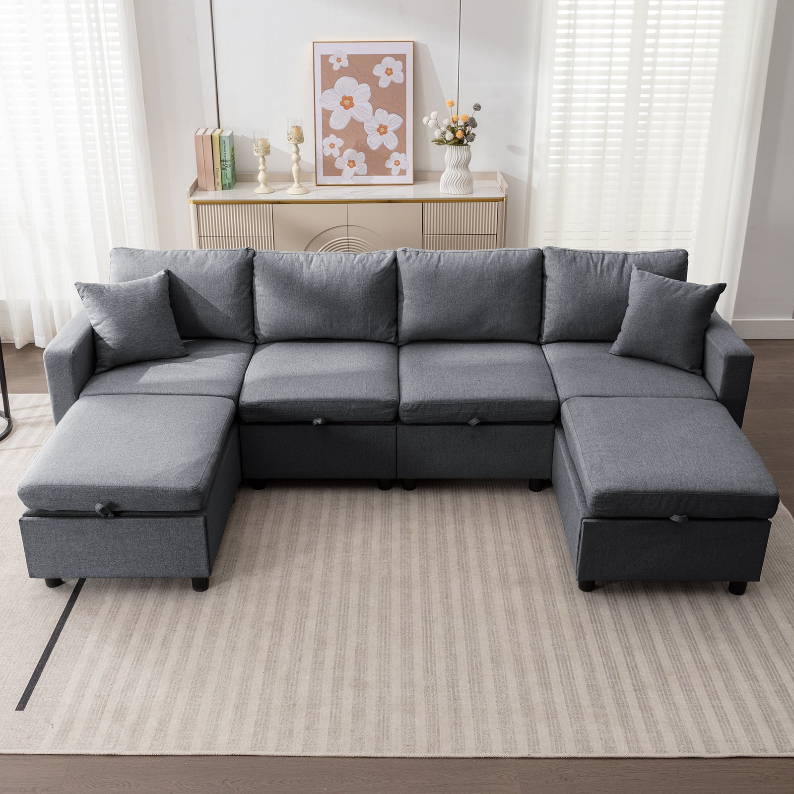 Mjkone Sectional Sofa Couch for Living Room, Modern Seat Couches/ Storage Space/Memory Foam Cushions/Linen Fabric/Soft Sponge Seaters/Easy Assembly