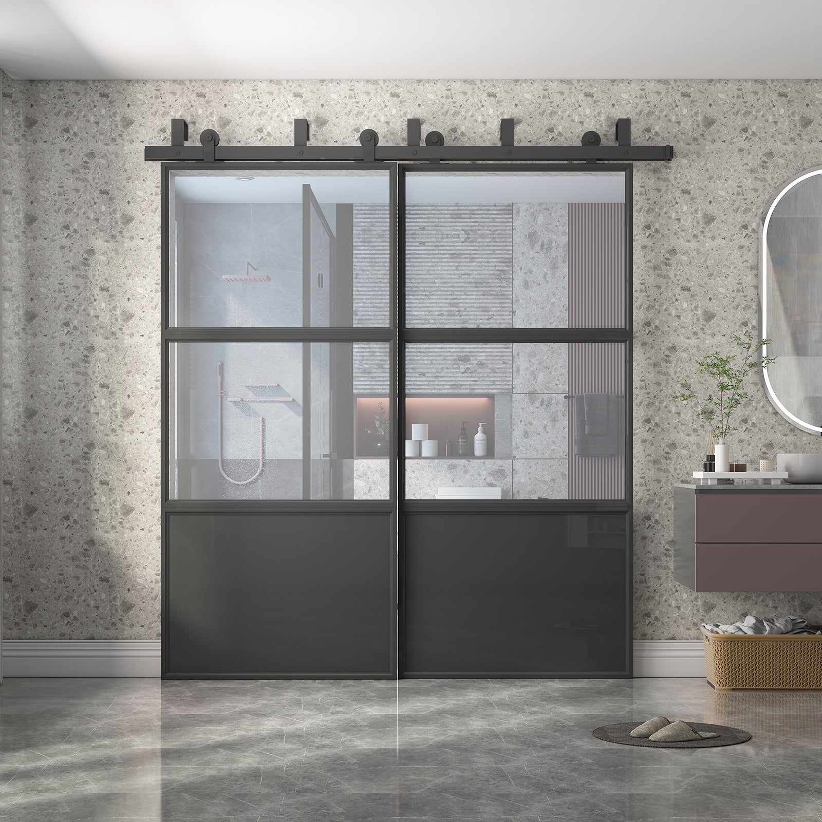 Mjkone Minimalist Style Metal Barn Door, Track Sliding Door with Hardware Components, Silent Barn Door with Frosted Tempered Glass, Easy to Install