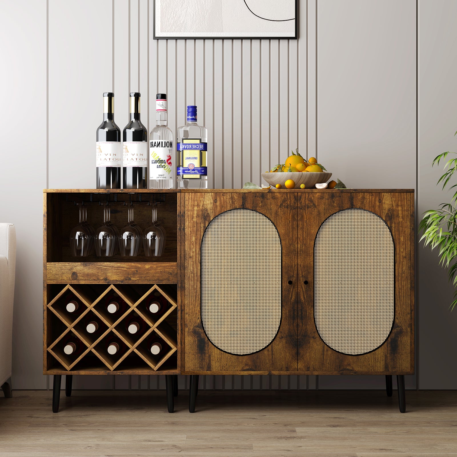 Mjkone Convertible Wine Bar Cabinet for Liquor & Glasses,55" Rattan Buffet Sideboard with Storage Shelf, Home Coffee Cabinet with Wine Rack & Glass Holder, Liquor Cabinet for Living Room Dining Room