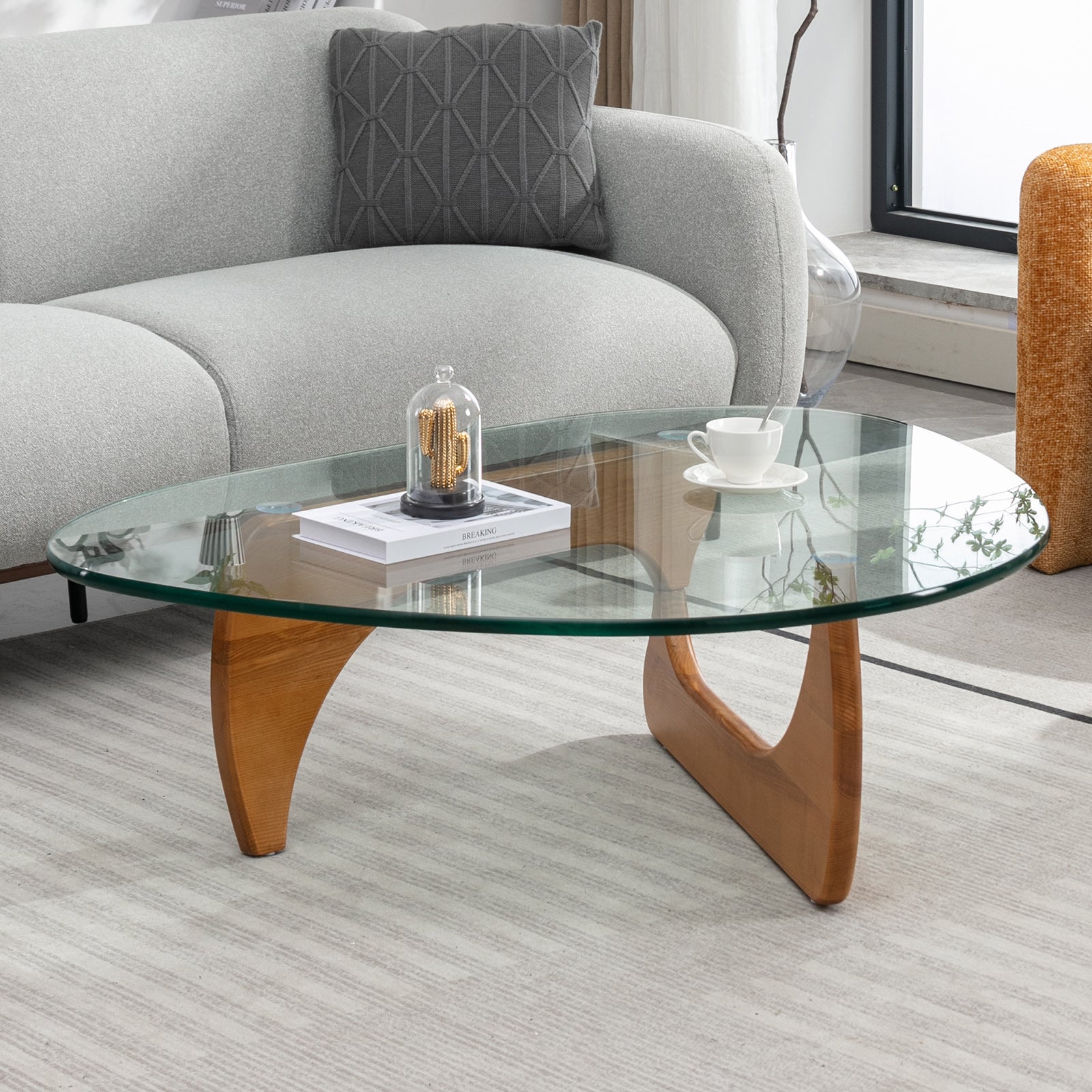 Mjkone Noguchi Triangle Glass Coffee Table | Modern Glass Top Table with Solid Wood Frame | Coffee Table with Tempered Glass Top | Glass Coffee Table for Living Room