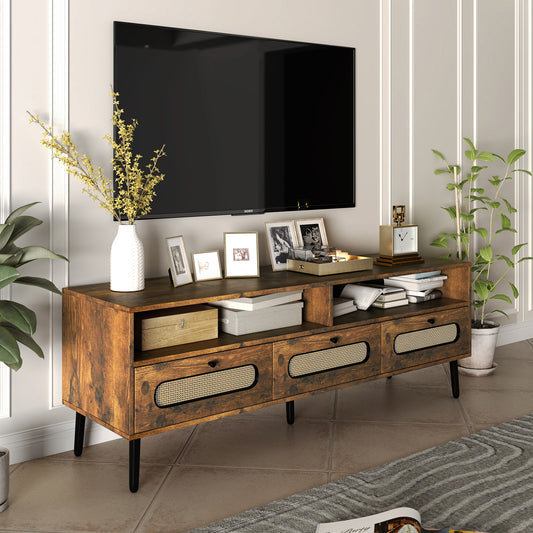 Mjkone Boho TV Stand for TV up to 65",Entertainment Center with 3 Storage Drawers and Open Compartment, 55" Media Console with Rattan Decorative for Living Room