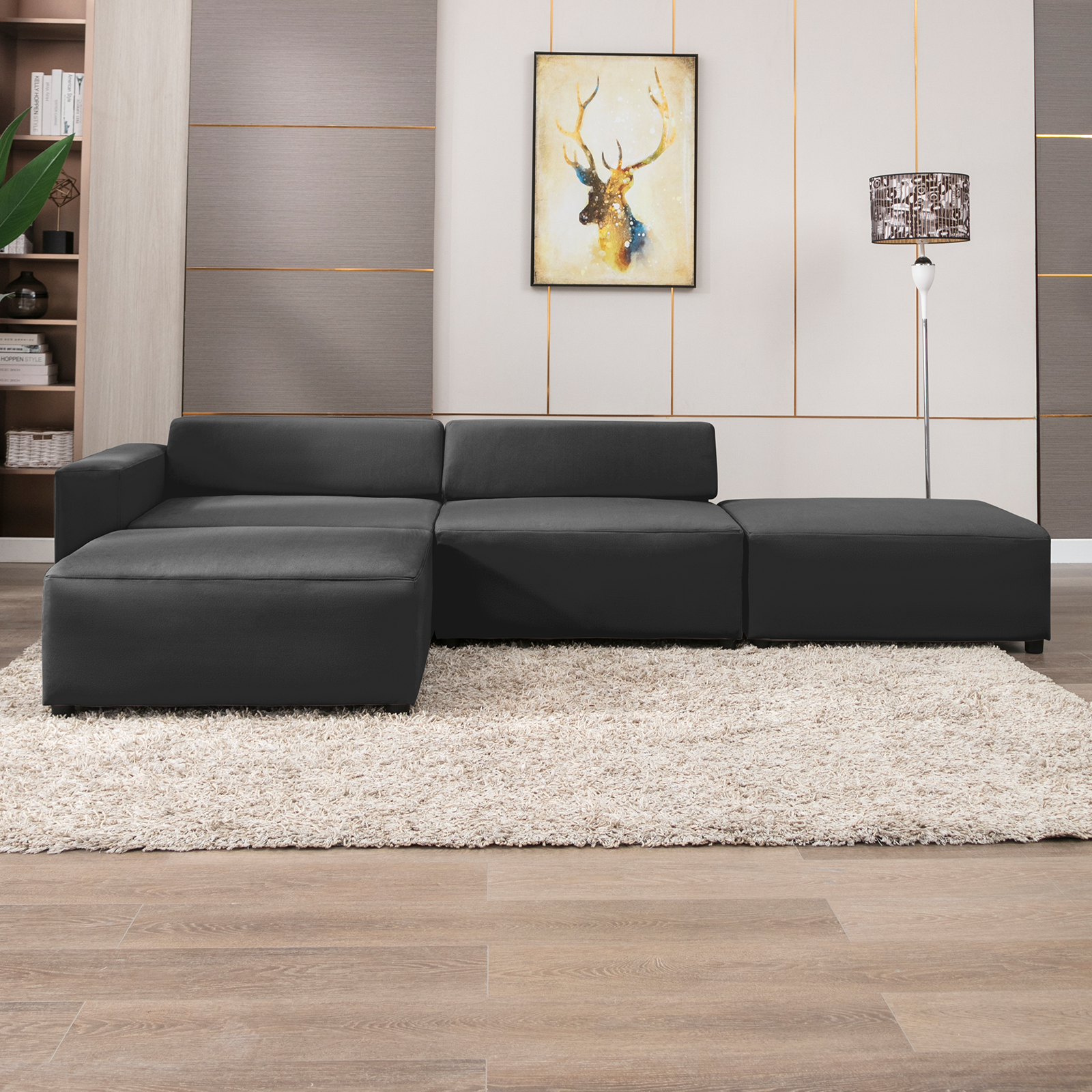 Mjkone L-Shape Reversible Upholstery Modular Sofa with Ottoman