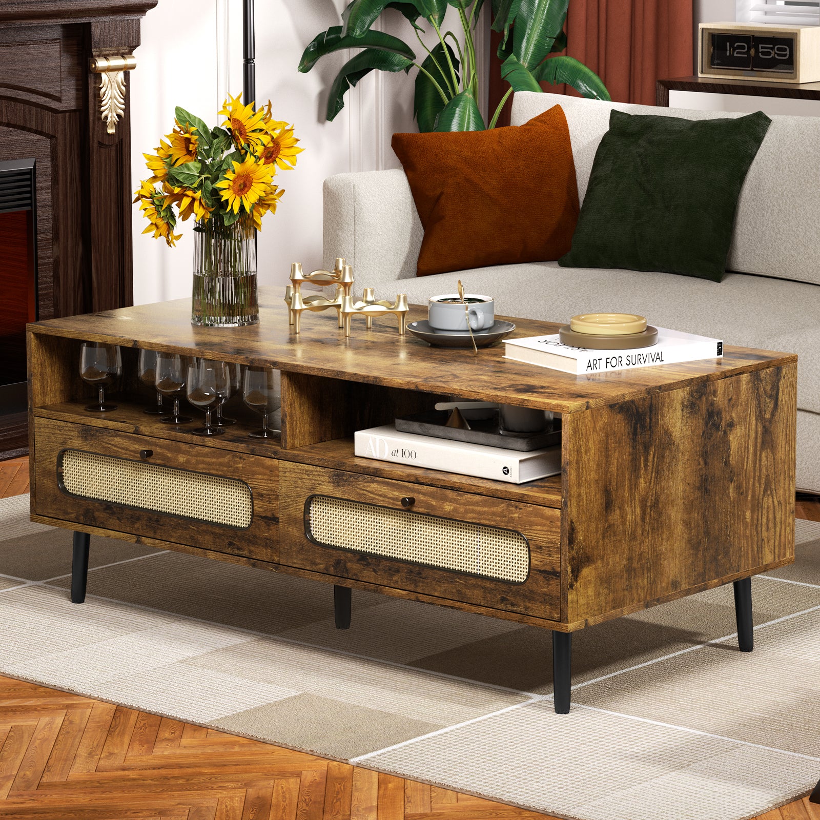 Mjkone Coffee Table, Mid Century Modern Coffee Table with 2 Open Shelves and 2 Storage Cabinets for Living Room