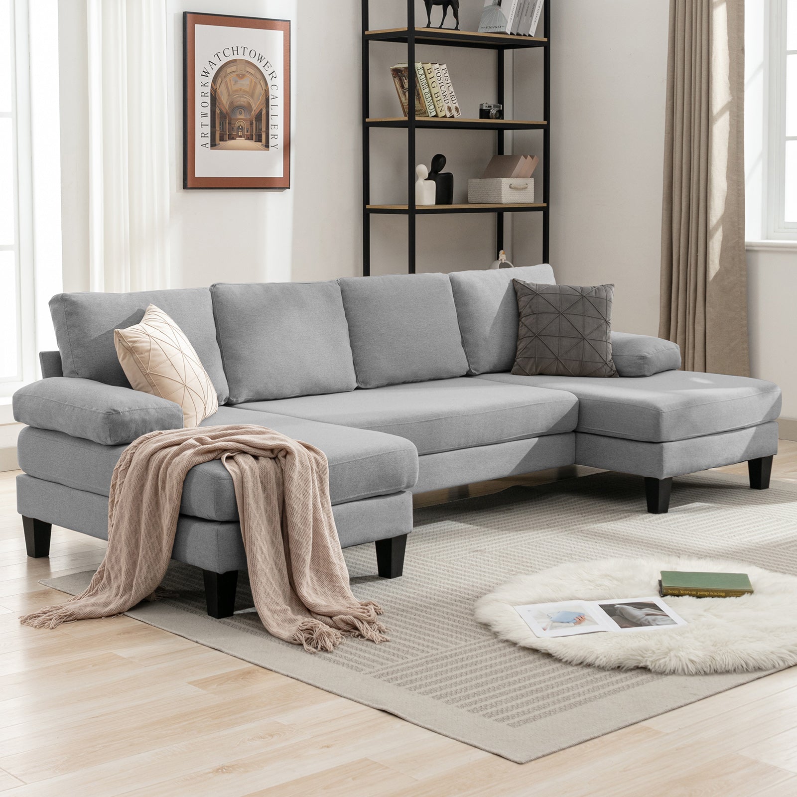 Mjkone U Shaped Sectional Sofa, 4-Seat Modular Sofa, Living Room Modern Couch with Chaise