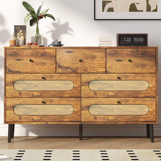 Mjkone Dresser with 7 Drawers, Chest of Dressers for Bedroom, Chest Storage Organizer Units, Modern Wooden Dresser Chest with Rattan Decoration for Hallway, Entryway, Living Room