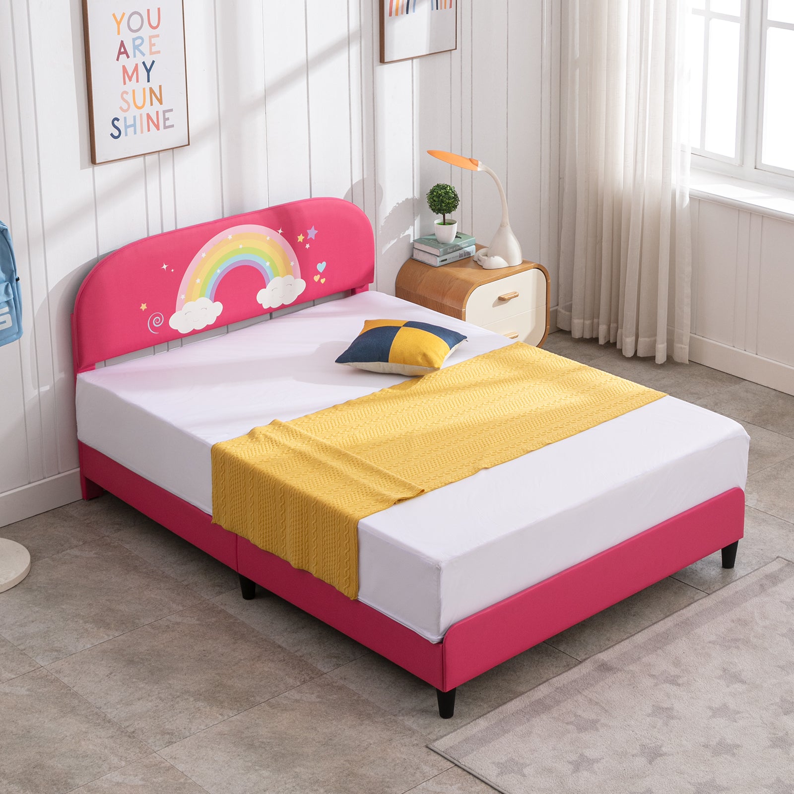 Mjkone Rainbow Pattern Upholstered Toddler Kids Bed