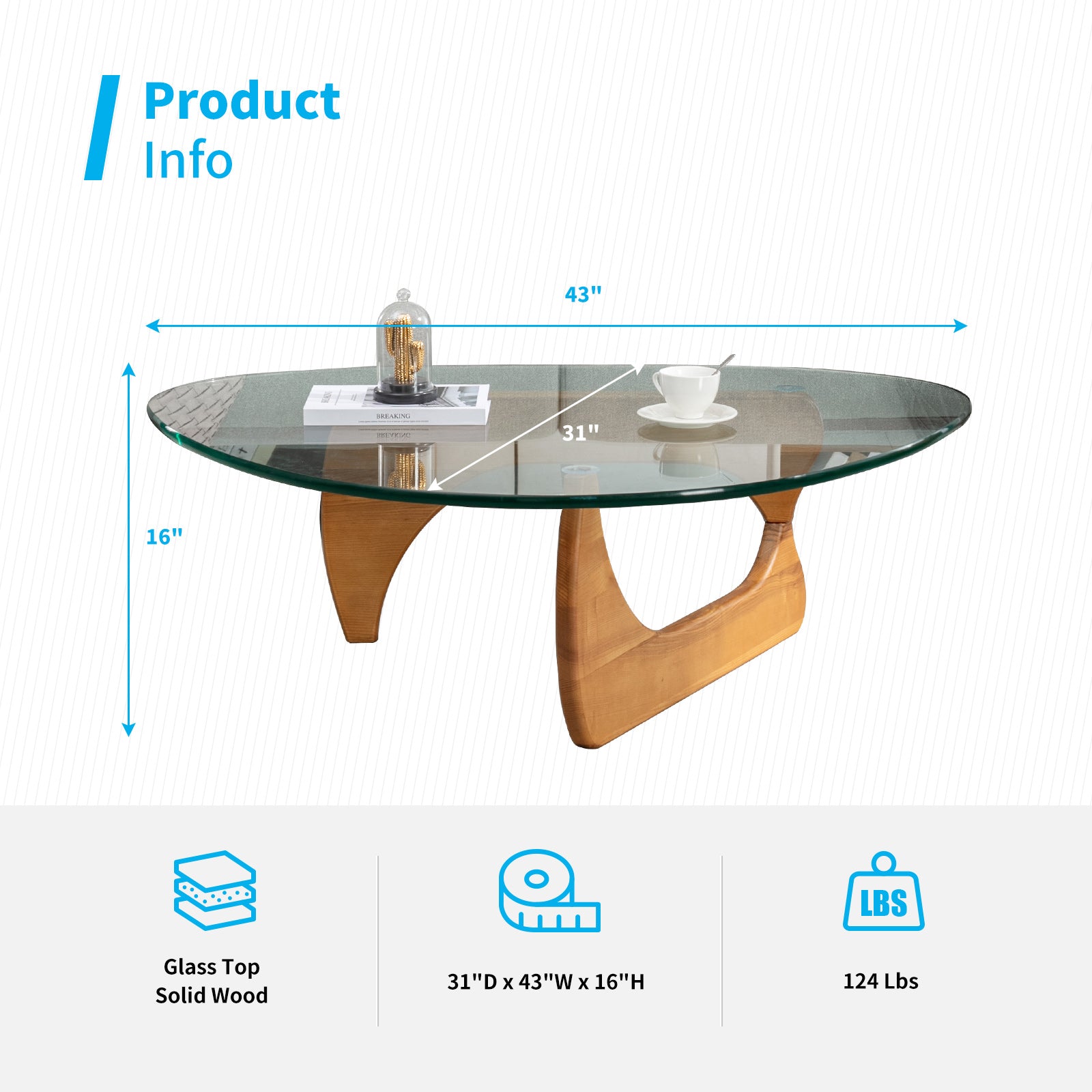 Mjkone Noguchi Triangle Glass Coffee Table | Modern Glass Top Table with Solid Wood Frame | Coffee Table with Tempered Glass Top | Glass Coffee Table for Living Room