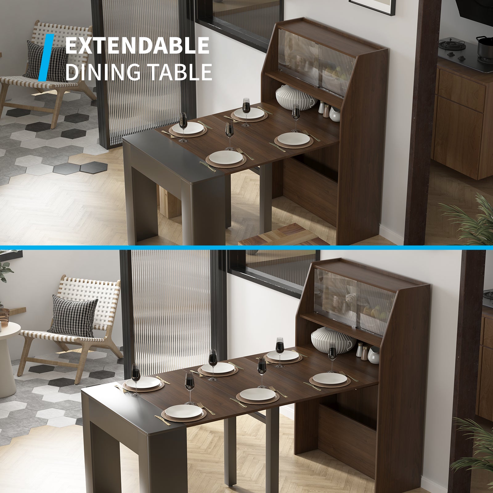 Mjkone Extendable Wood Dining Table with Storage for 6-10, Modern Rectangle Multifunctional Dining Kitchen Table Console Table for Living Room Home