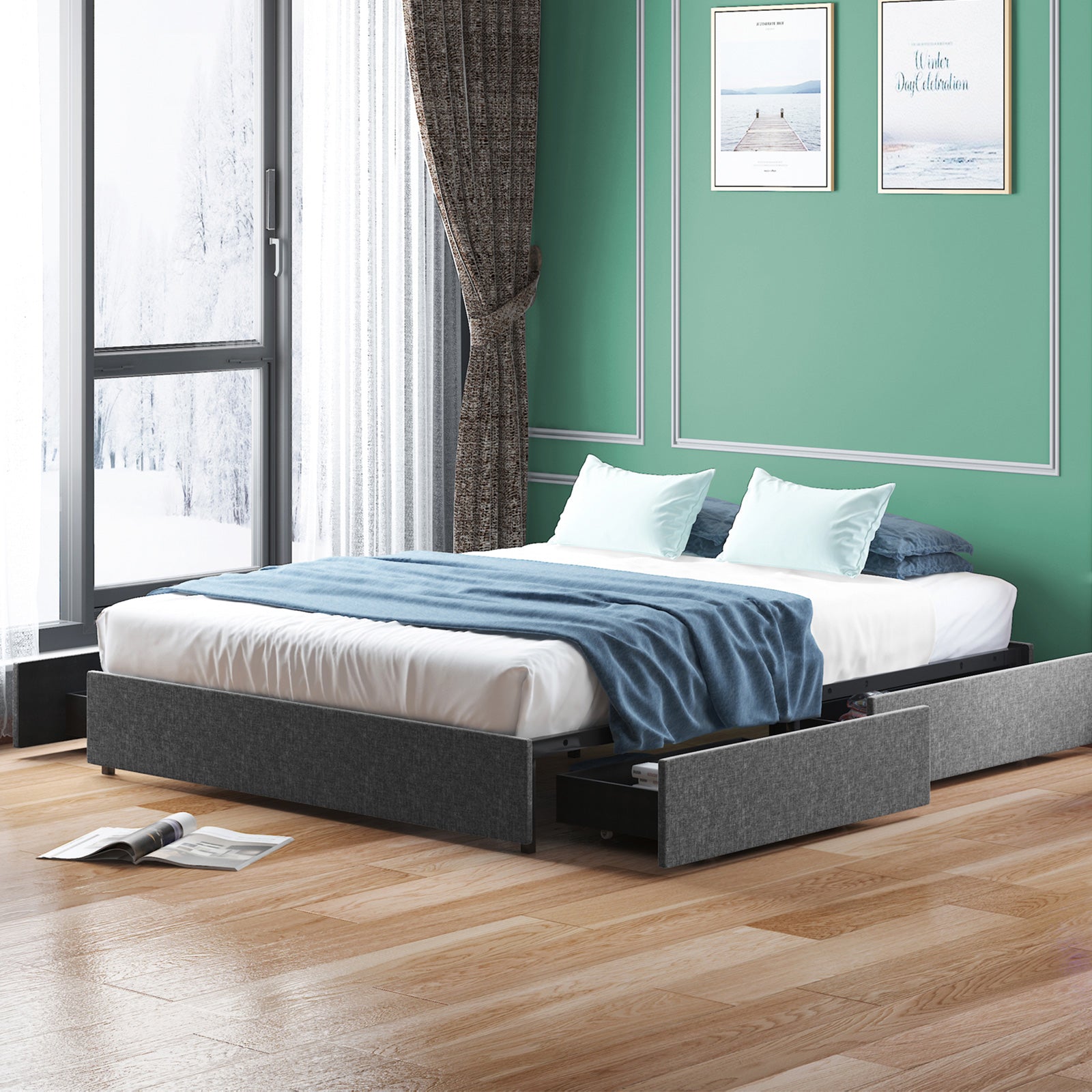 Mjkone Wooden Platform Bed Frame With 4 Drawers
