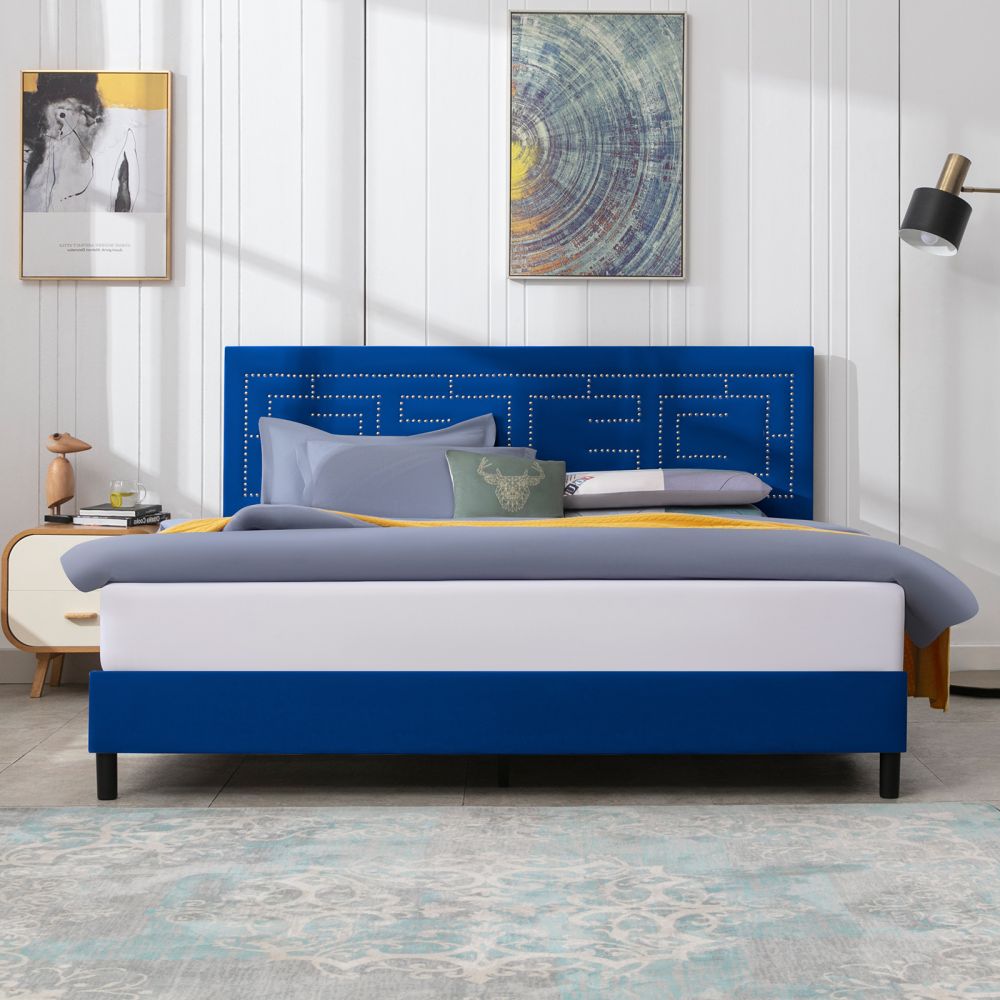 Mjkone Upholstered Platform Bed with Shiny Nailhead Adjustable Headboard