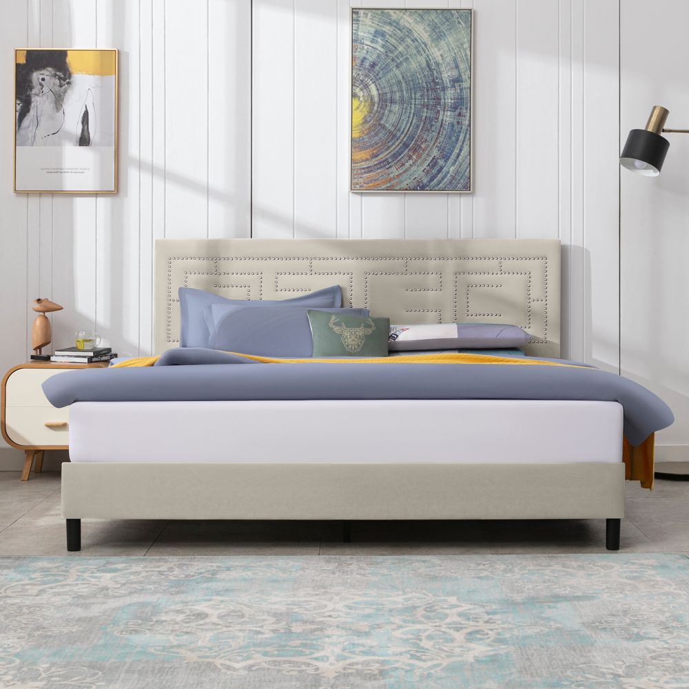 Mjkone Upholstered Platform Bed with Shiny Nailhead Adjustable Headboard