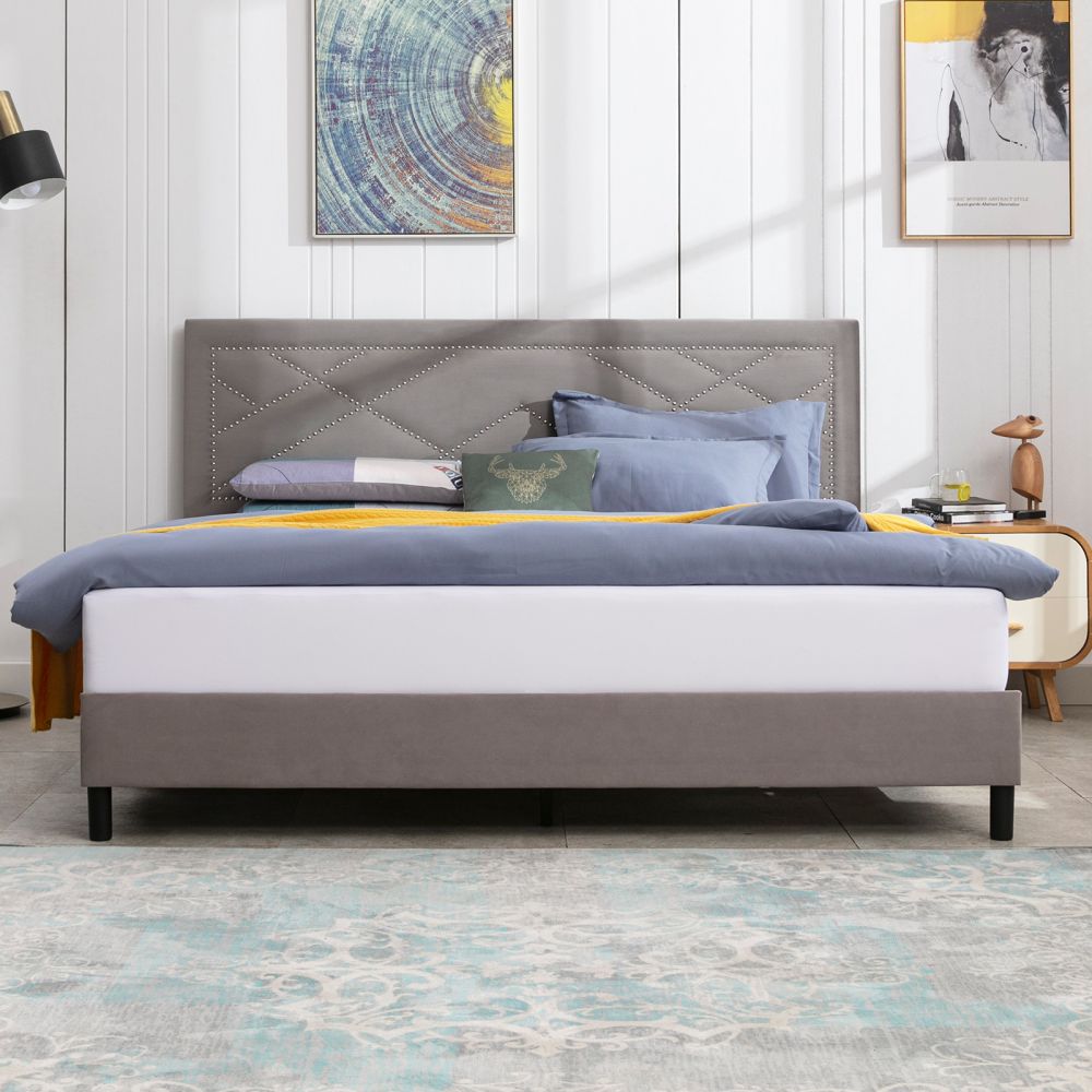 Mjkone Upholstered King Bed Frame Wood Platform Bed