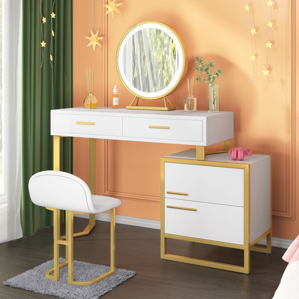 Mjkone Movable Vanity Desk Dressing Table with LED Light Mirror