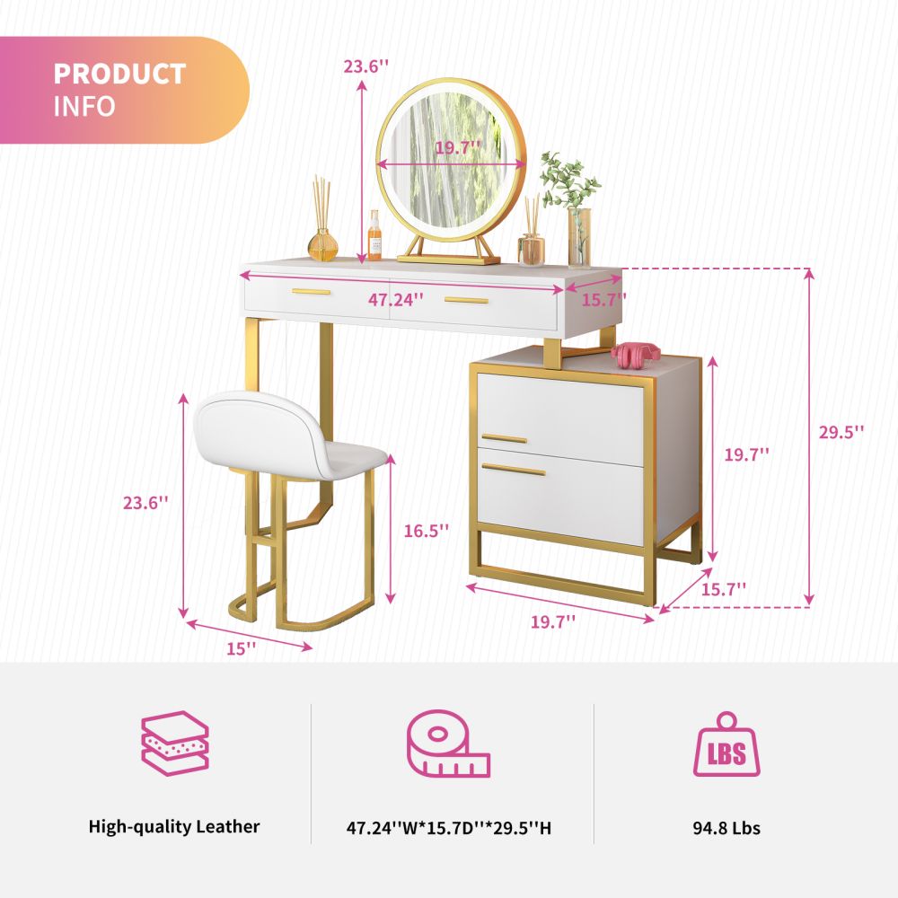 Mjkone Movable Vanity Desk Dressing Table with LED Light Mirror