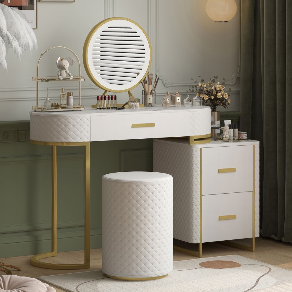 Mjkone Vanity Desk and Chair with LED Light Mirror