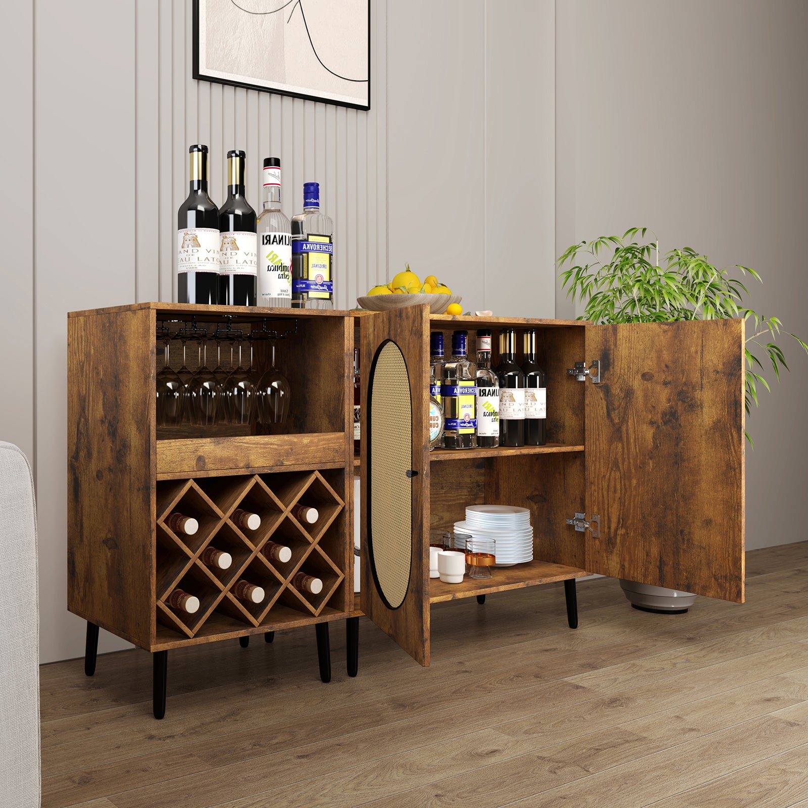 Mjkone Convertible Wine Bar Cabinet for Liquor & Glasses,55" Rattan Buffet Sideboard with Storage Shelf, Home Coffee Cabinet with Wine Rack & Glass Holder, Liquor Cabinet for Living Room Dining Room