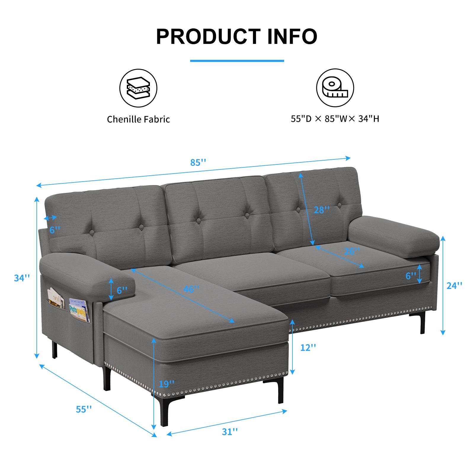 Mjkone 85 Inches L Shaped Sectional Sofa with Reversible Chaise, Convertible Sectional Couch with Storage Pocket, Chenille Modern 3 Seater Sofa for Living Room