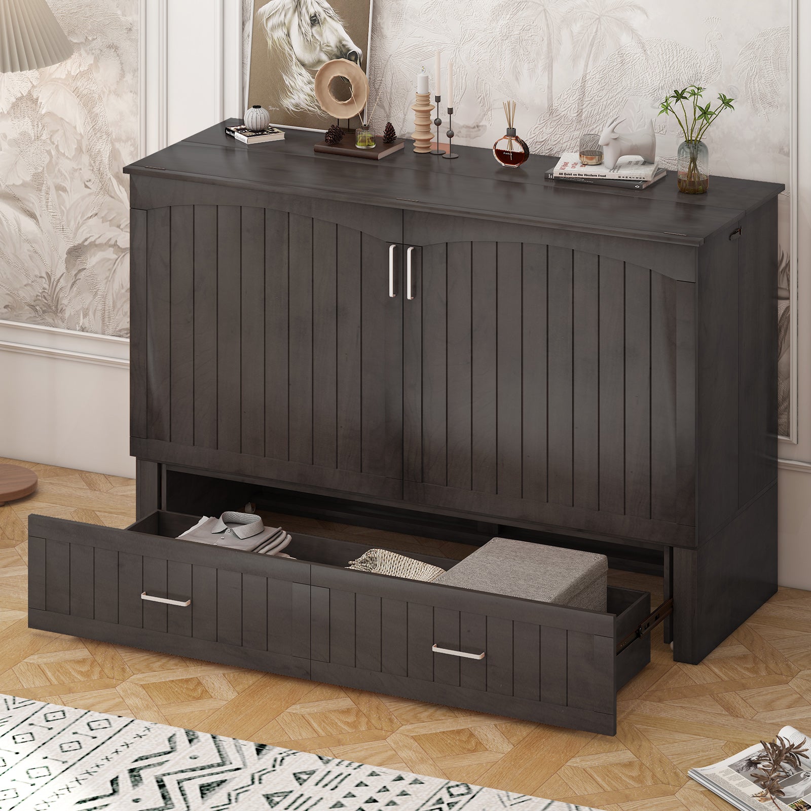 Mjkone Murphy Cabinet Bed, Queen Murphy Bed with Tri-Folding Mattress and Charging Ports, Drawer-White