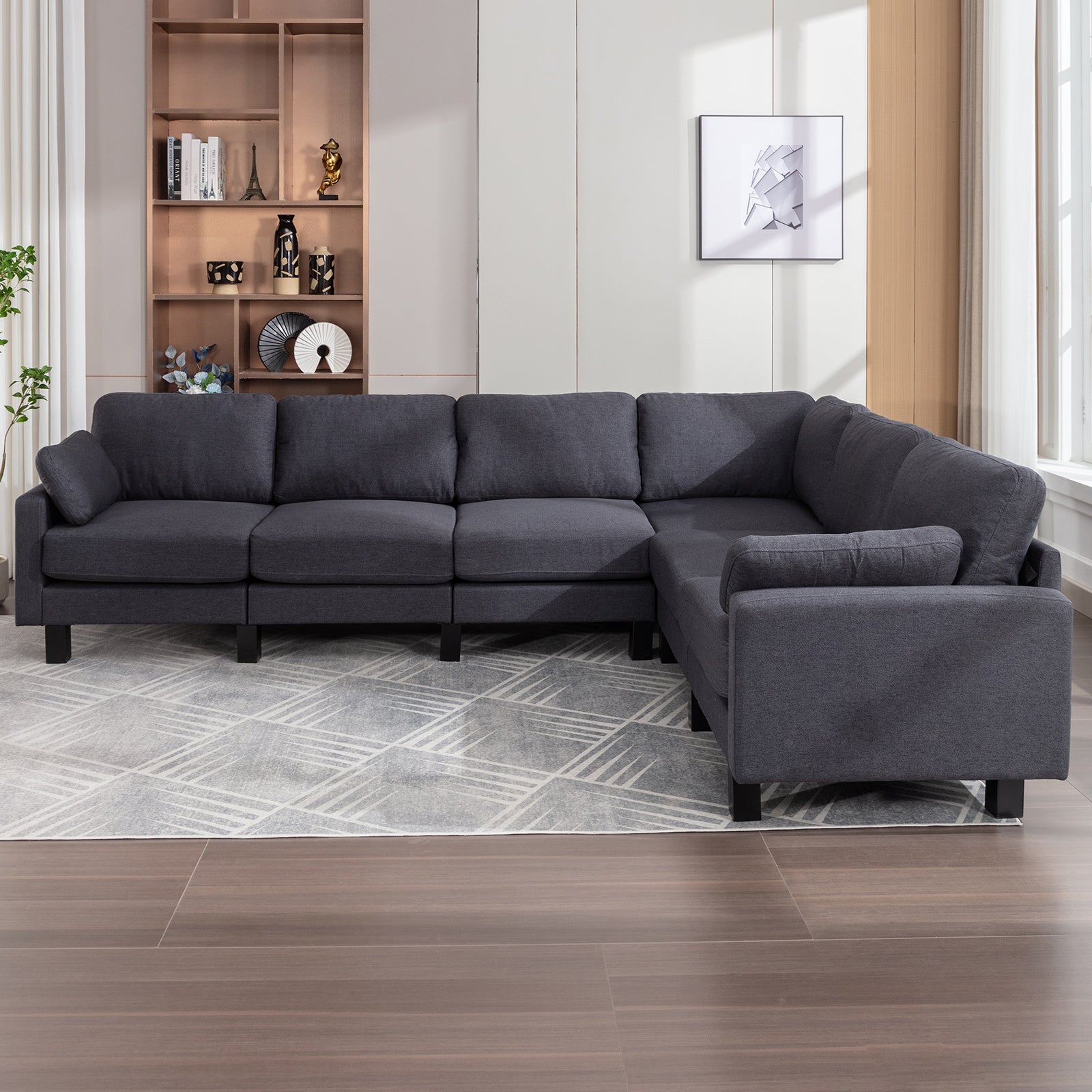 Mjkone L-Shaped Corner Sectional Sofa Set, 6-Seat Modular Sleeper Sofa Couch with Linen Upholstered, L-Shaped Corner Sofa with Solid Wood Legs, Living Room Furniture Set