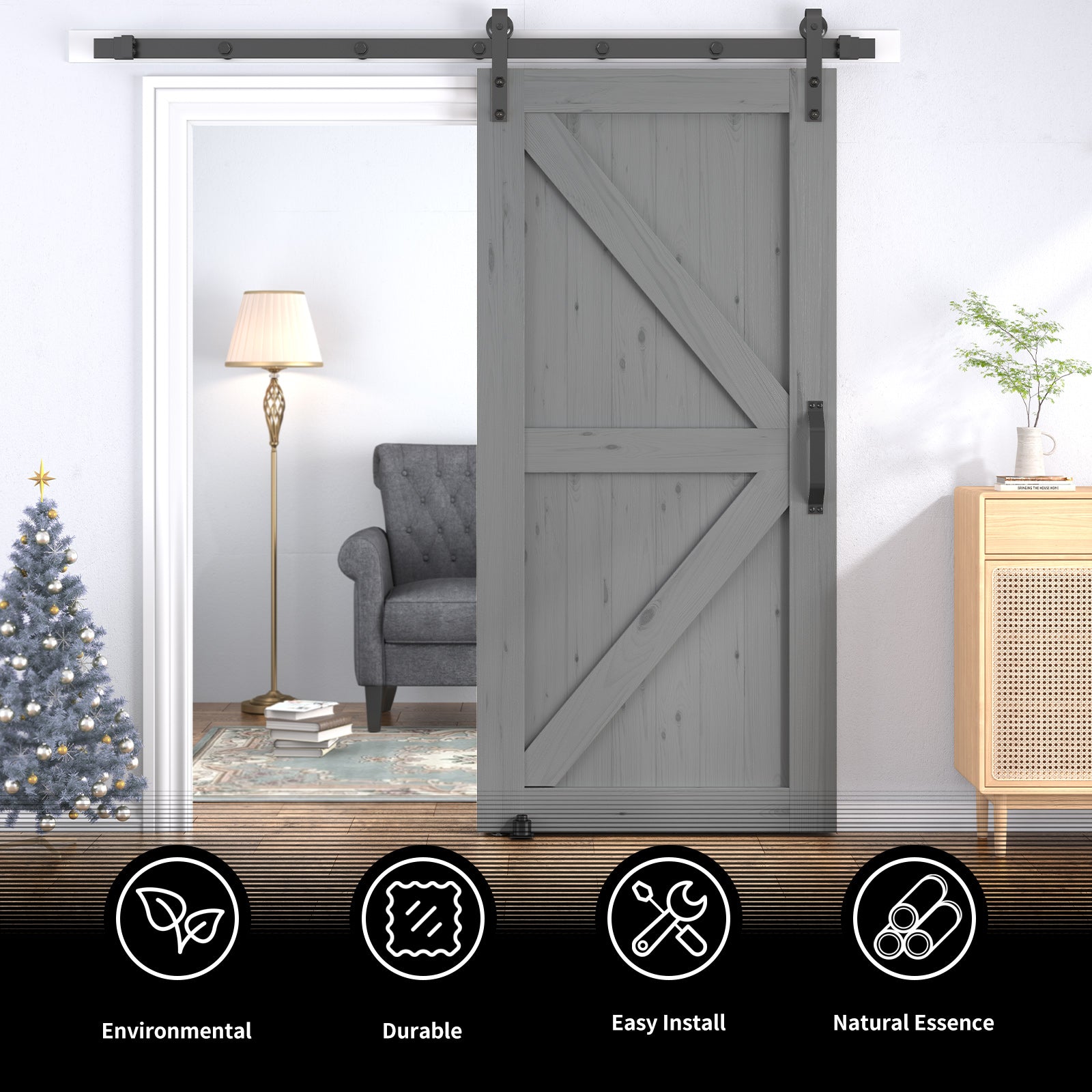 Mjkone Sliding Barn Door with 6.6ft Barn Door Hardware Kit & Handle, Pre-Drilled Ready to Assemble, DIY Unfinished Solid Spruce Wood Panelled Slab, K-Frame