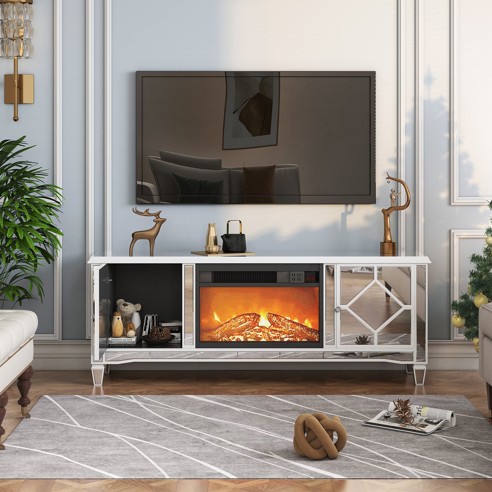 Mjkone Mirrored TV Stand for 65"+ TV Mirrored Electric Fireplace TV Stand with 7 Colors Changing 3D Realistic Flame TV Console Table with 2 Storage Cabinets Media Entertainment Center for Living Room