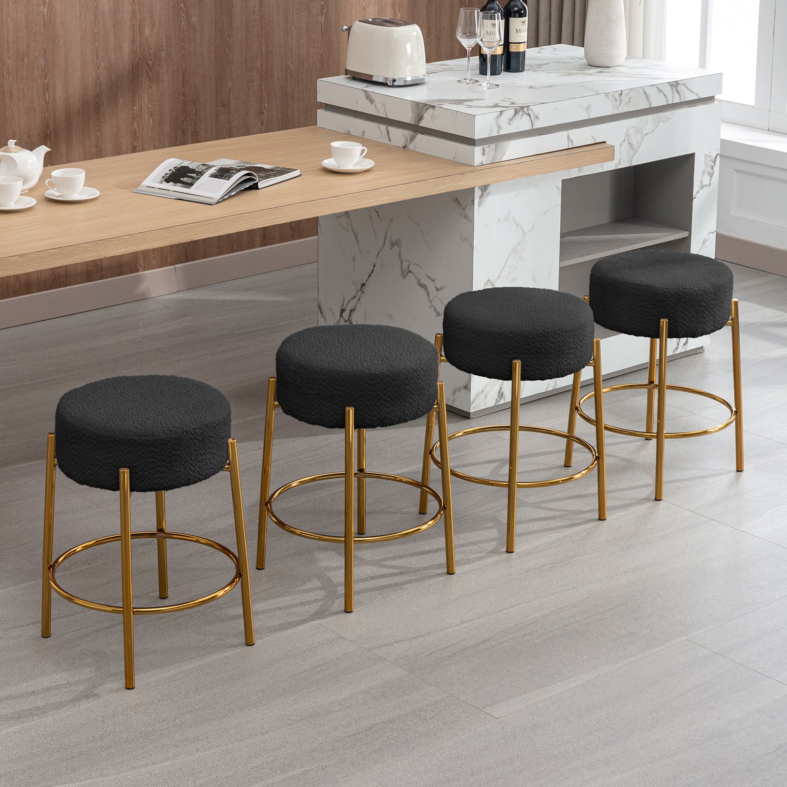 Mjkone 24”Counter Height Bar Stools, Modern Velvet Bar Stools, Dinning Chair with steel Legs for Kitchen Island - Black, Set of 2