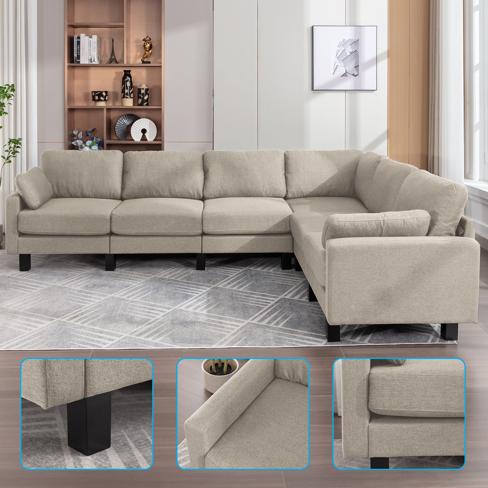 Mjkone L-Shaped Corner Sectional Sofa Set, 6-Seat Modular Sleeper Sofa