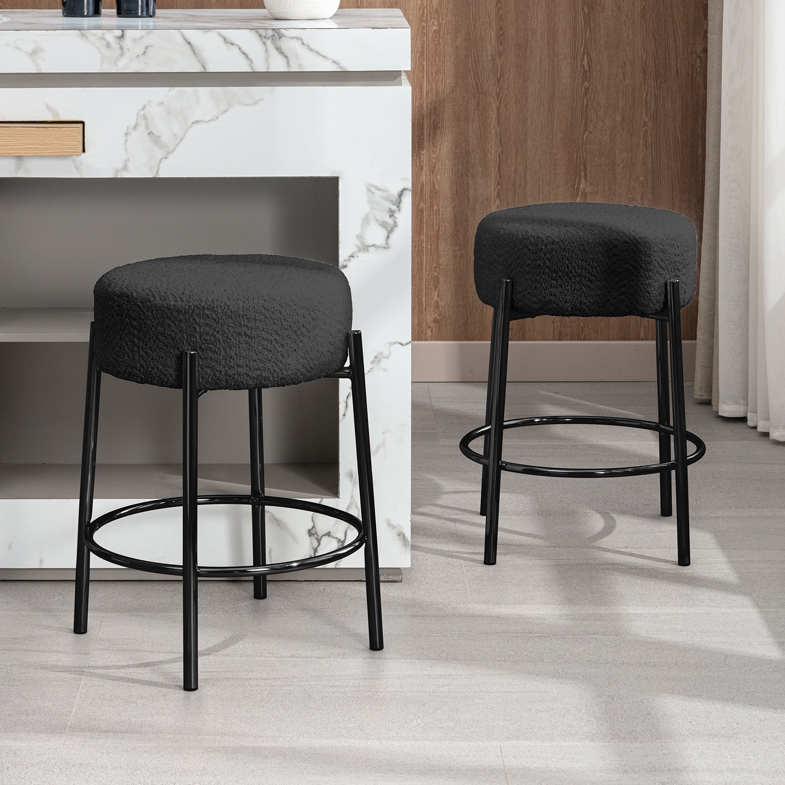 Mjkone 24”Counter Height Bar Stools, Modern Velvet Bar Stools, Dinning Chair with steel Legs for Kitchen Island - Black, Set of 2
