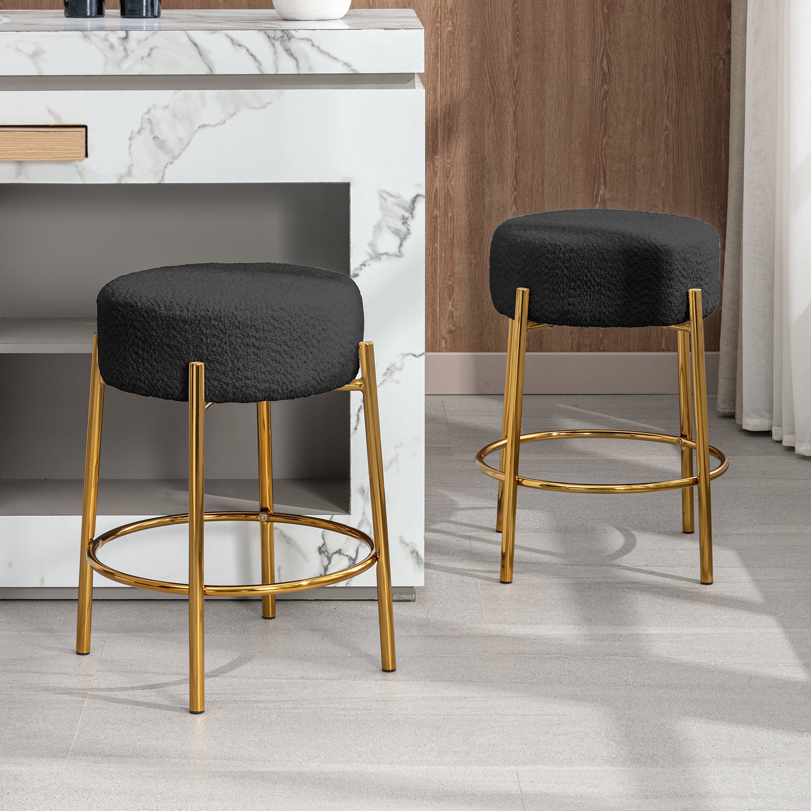 Bar Stools Set Of 2, Velvet Button Tufted Upholstered Counter Height Barstools Nailhead Trim Footrest Ring Pull Leisure Wing Back Bar Chairs Kitchen Livi