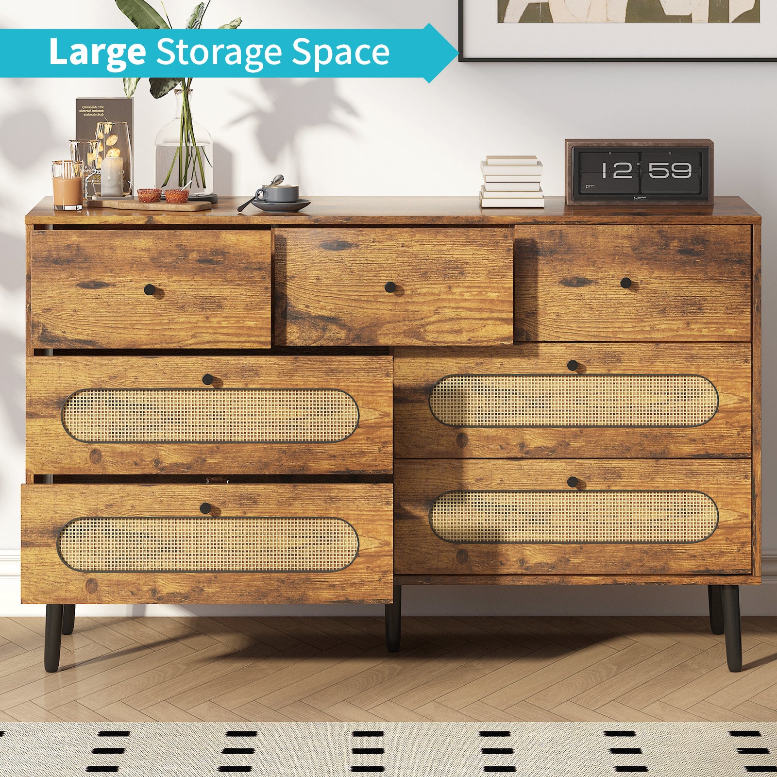 Mjkone Dresser with 7 Drawers, Chest of Dressers for Bedroom, Chest Storage Organizer Units, Modern Wooden Dresser Chest with Rattan Decoration for Mjkone Dresser with 7 Drawers, Chest of Dressers for Bedroom, Chest Storage Organizer Units, Modern Wooden Dresser Chest with Rattan Decoration for