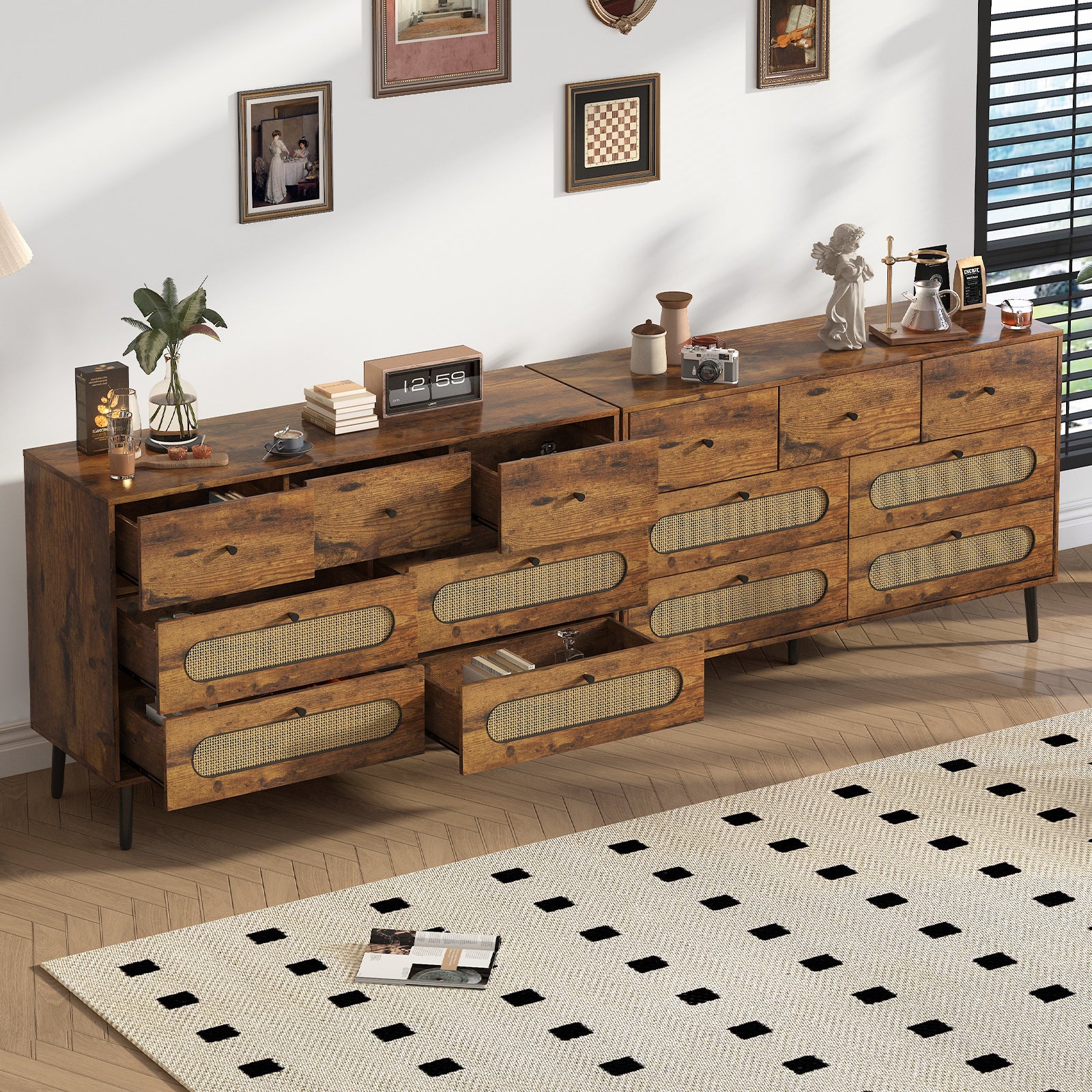modern wood dresser for bedroom Mjkone Dresser with 7 Drawers, Chest of Dressers for Bedroom, Chest Storage Organizer Units, Modern Wooden Dresser Chest with Rattan Decoration for