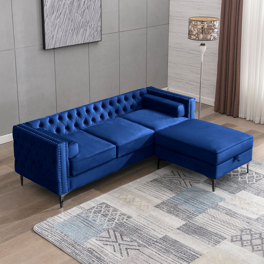 Mjkone 3-Seater Velvet Upholstered Sectional Sofa with Ottoman