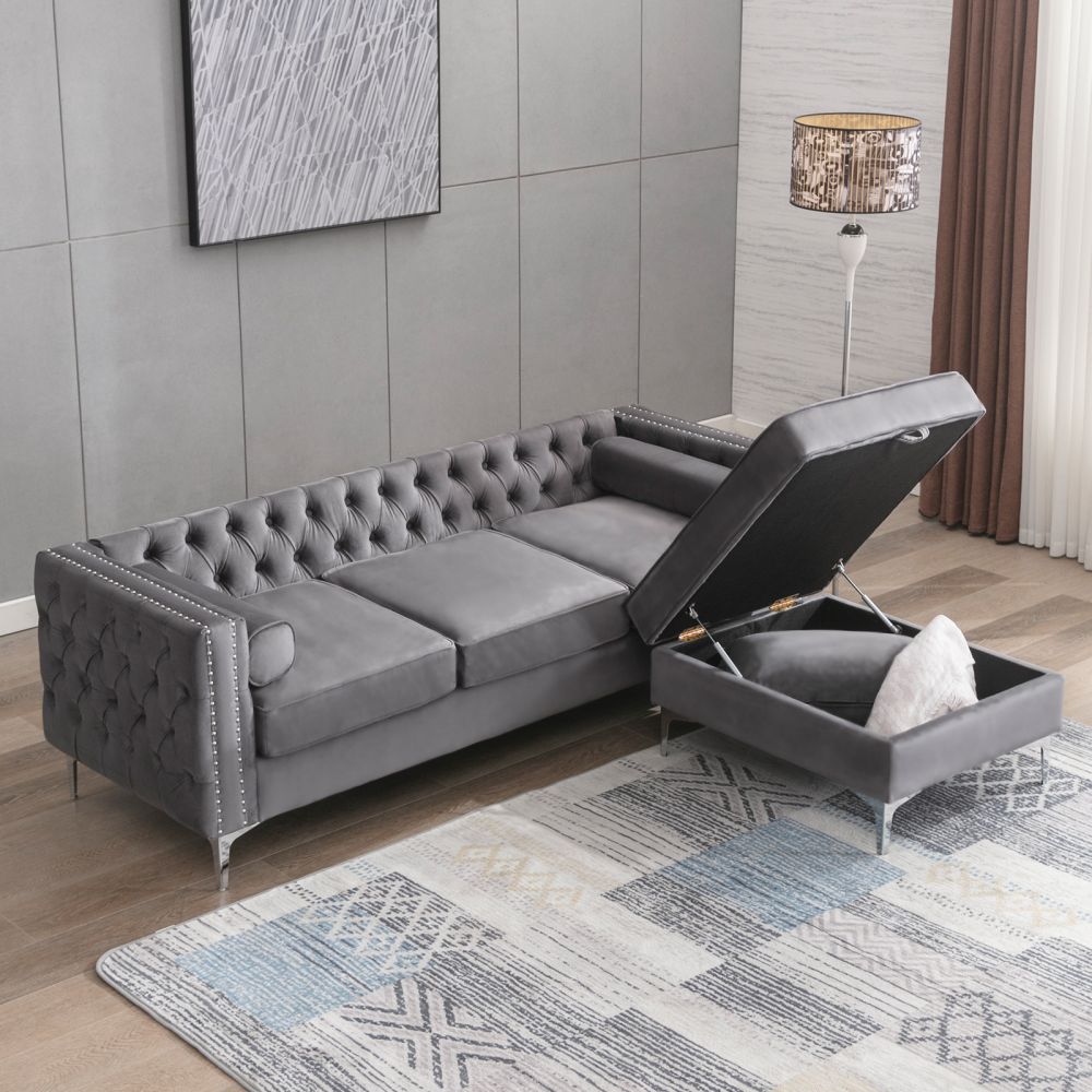 Mjkone 3-Seater Velvet Upholstered Sectional Sofa with Ottoman