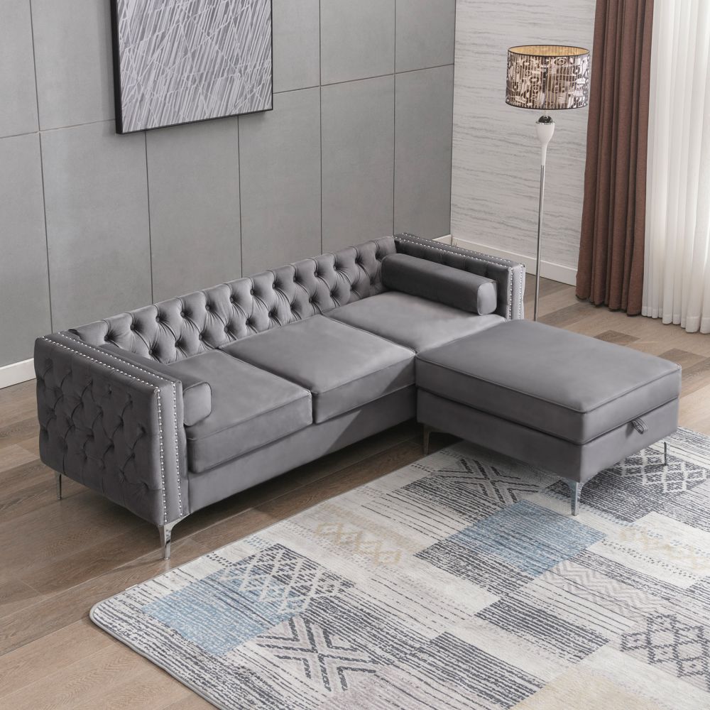 Mjkone 3-Seater Velvet Upholstered Sectional Sofa with Ottoman