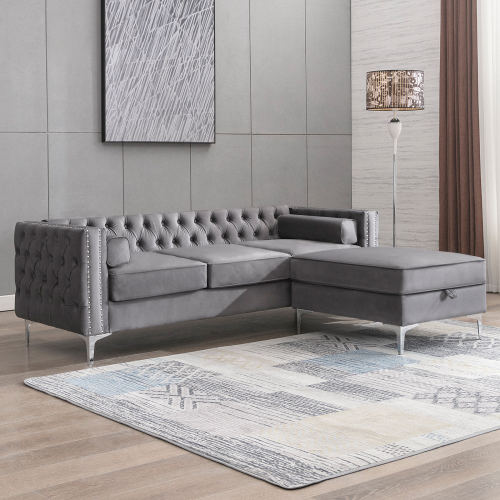 Mjkone 3-Seater Velvet Upholstered Sectional Sofa with Ottoman