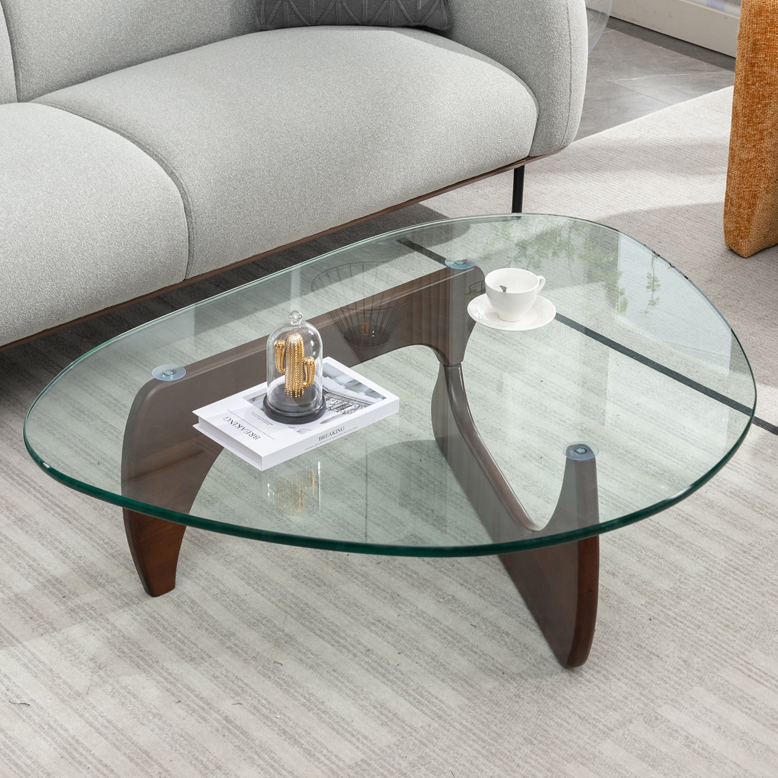 Mjkone Noguchi Triangle Glass Coffee Table | Modern Glass Top Table with Solid Wood Frame | Coffee Table with Tempered Glass Top | Glass Coffee Table for Living Room
