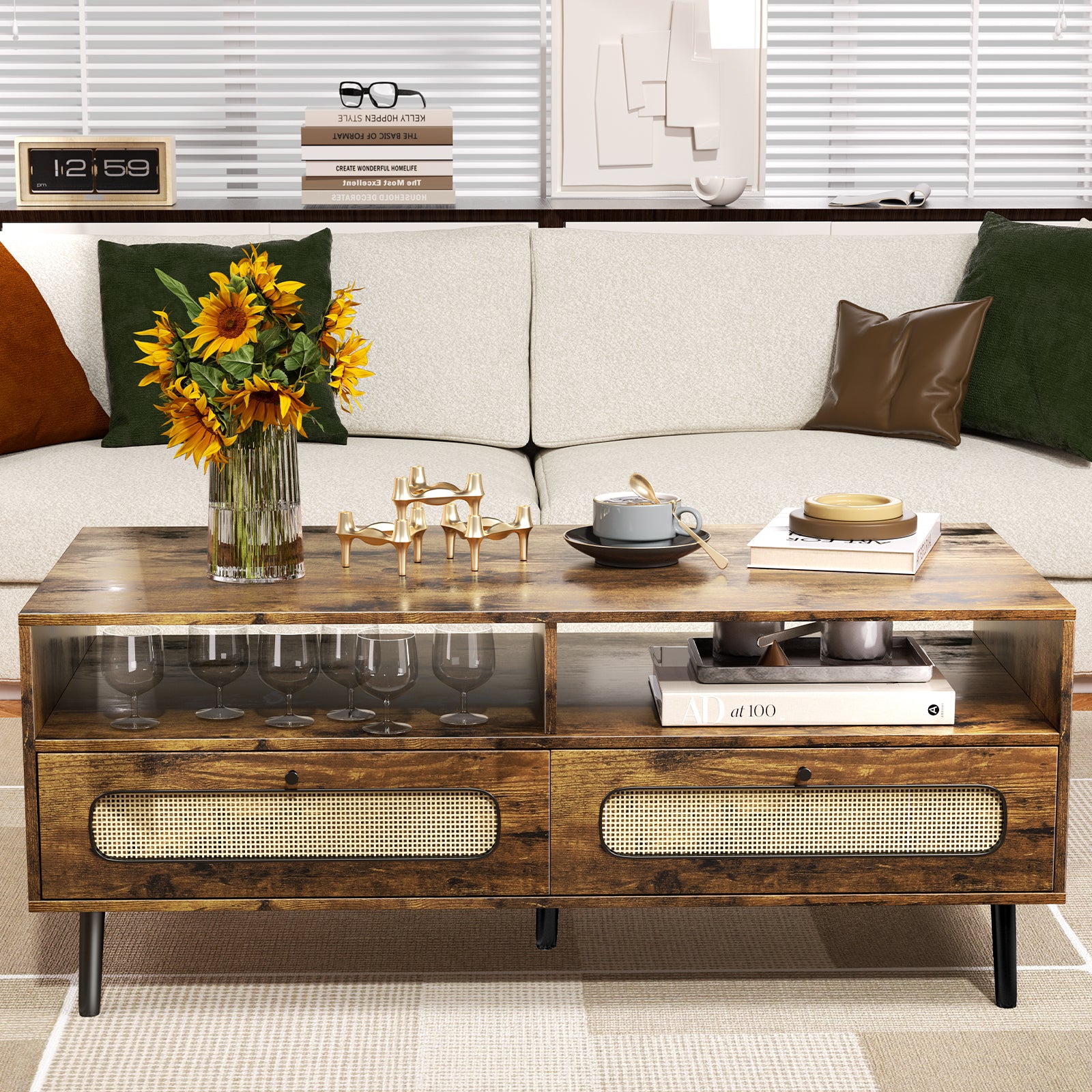 Mjkone Coffee Table, Mid Century Modern Coffee Table with 2 Open Shelves and 2 Storage Cabinets for Living Room