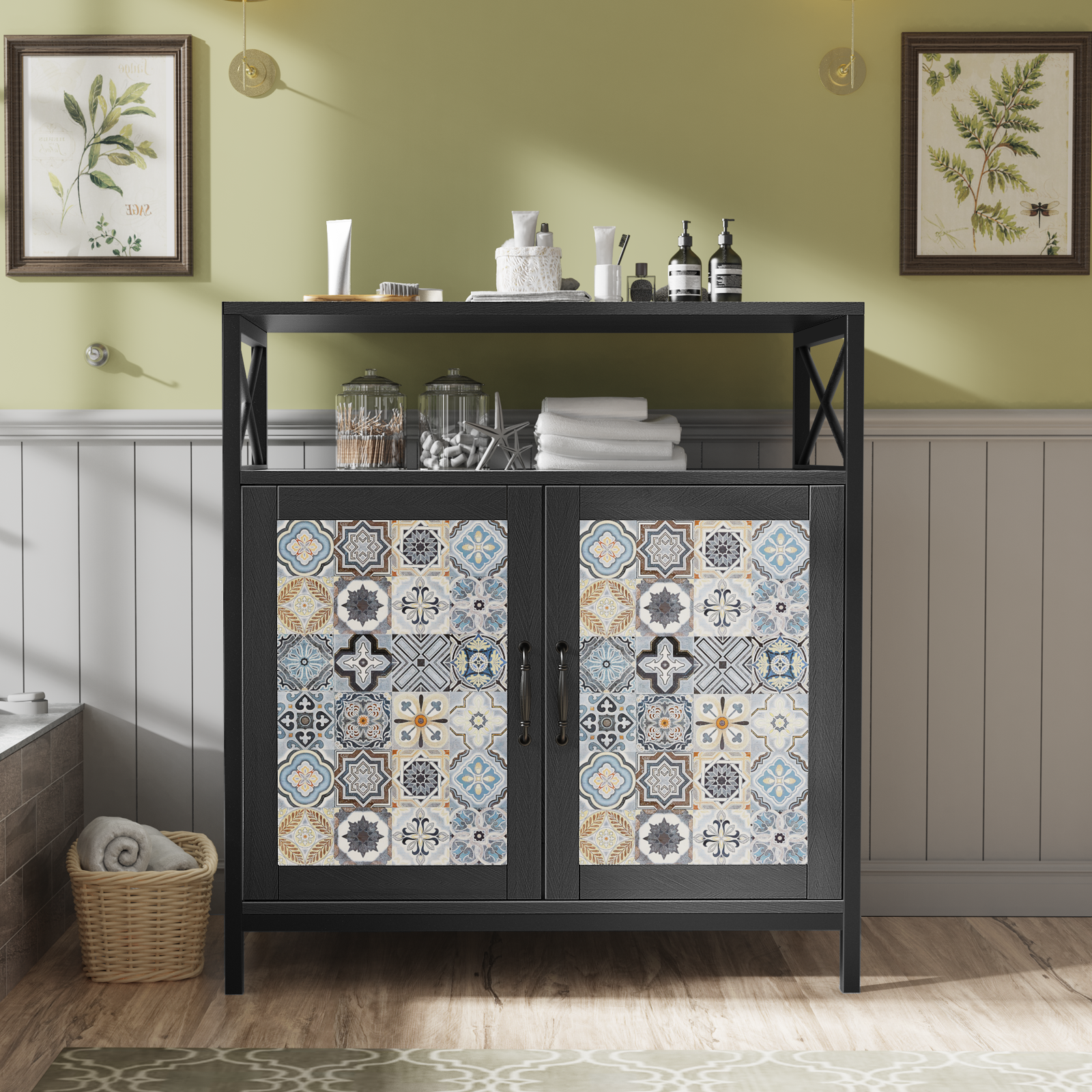 Mjkone Side Cabinet with Storage, Modern Free Standing Cabinet, Buffet Sideboard with Metal Base